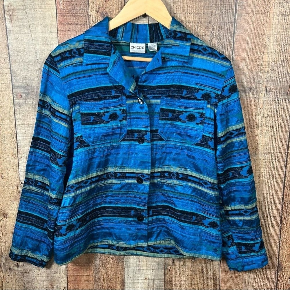 Chico's Indio Silk Blue Southwestern Print Button Up Crop Jacket Shacket Sz 1 M